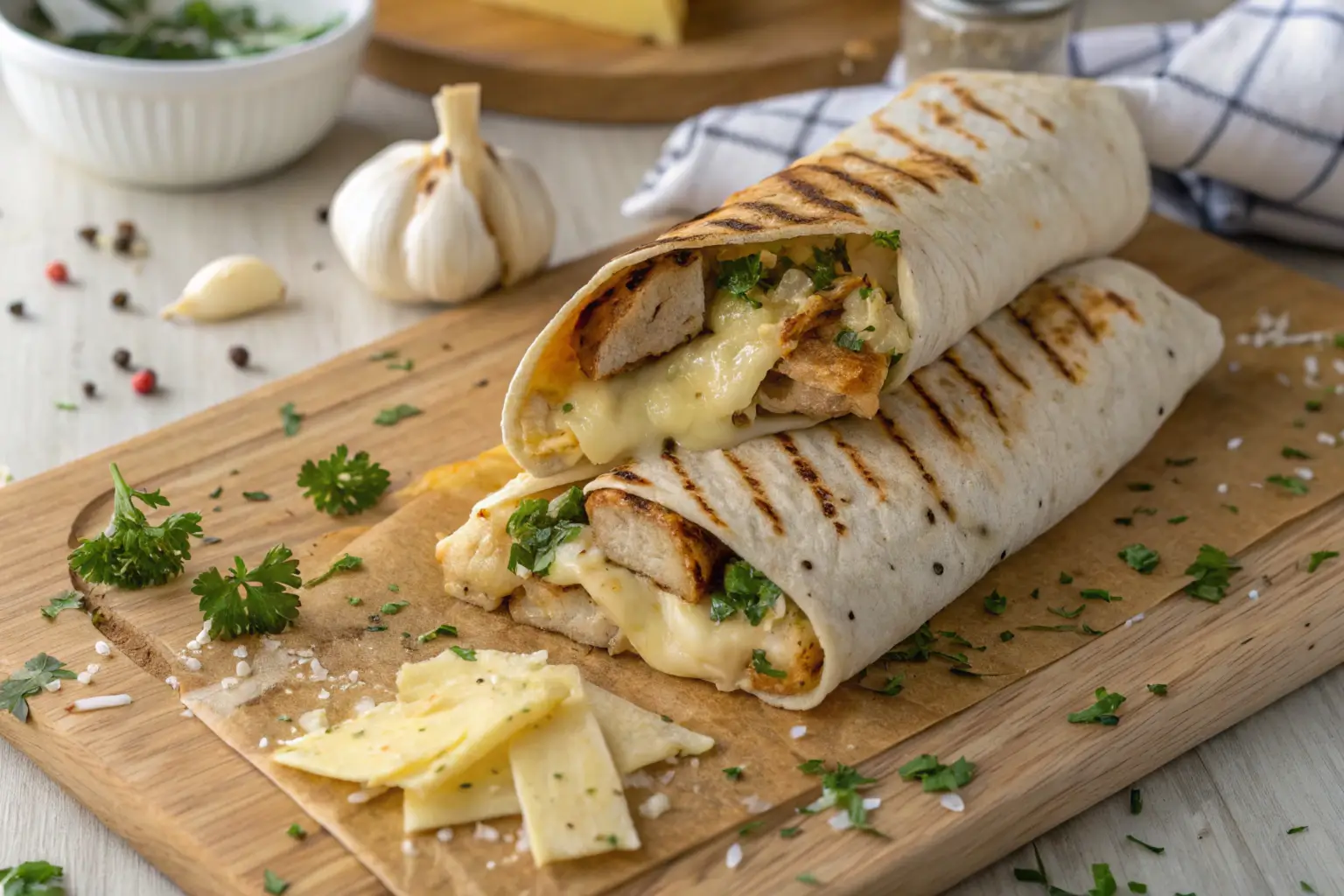 Close-up of a golden, toasted wrap filled with cheese and chicken on a rustic board.