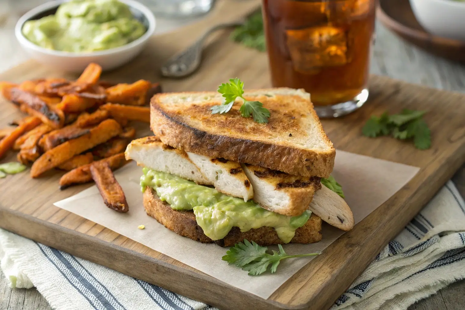 Featured Chicken Avocado Melt Sandwich with grilled chicken, avocado spread, and melted cheese served on a wooden board