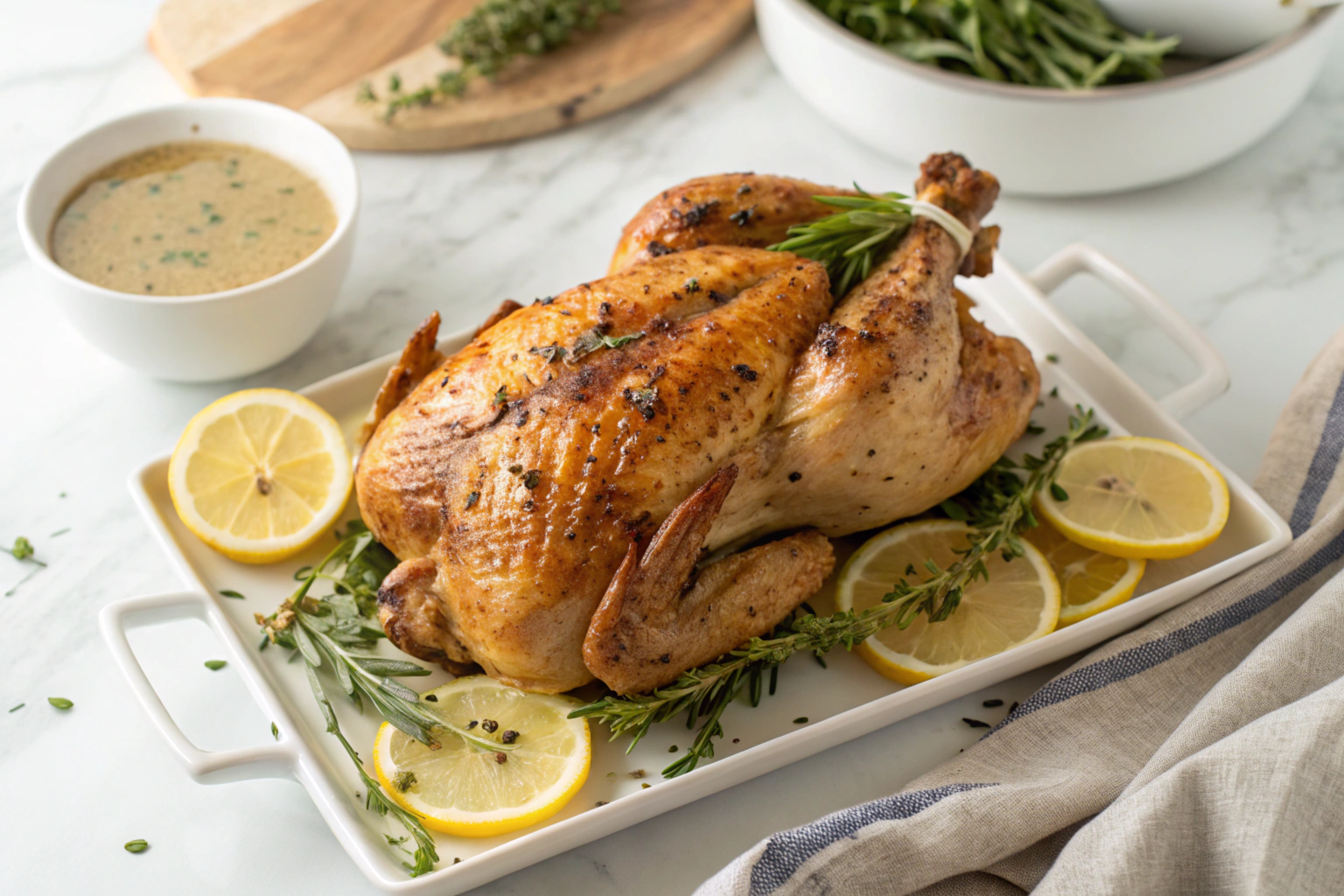 Overhead view of a roasted pound of chicken garnished with herbs on a white platter