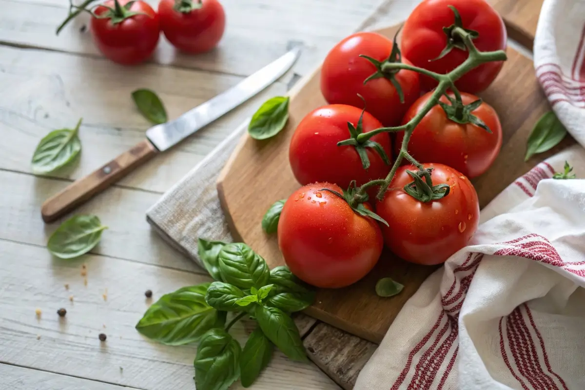 Close-up of fresh Roma tomatoes on a wooden table with basil leaves and a knife