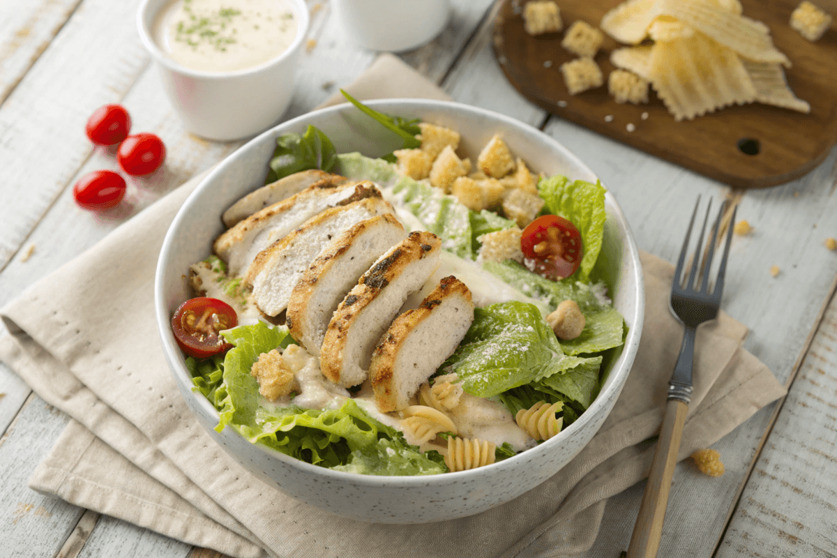 Close-up shot of chicken Caesar salad with pasta, featuring grilled chicken, rotini pasta, and fresh lettuce