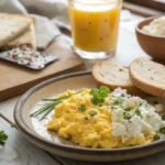 Fluffy scrambled eggs with cottage cheese served with toast and orange juice on a breakfast table