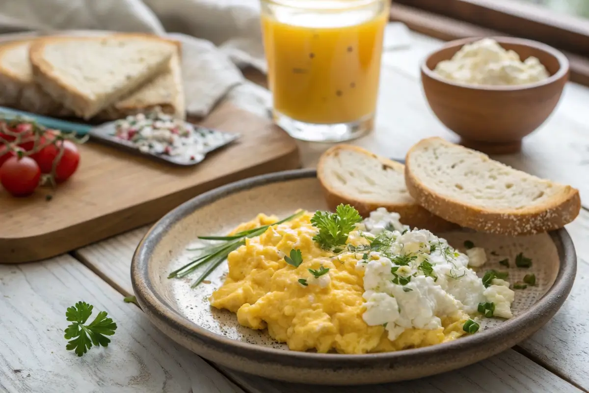 Fluffy scrambled eggs with cottage cheese served with toast and orange juice on a breakfast table