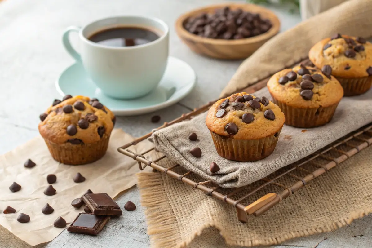 Freshly baked chocolate chip mini muffins cooling on a rack with melting chocolate chips, perfect for a cozy treat