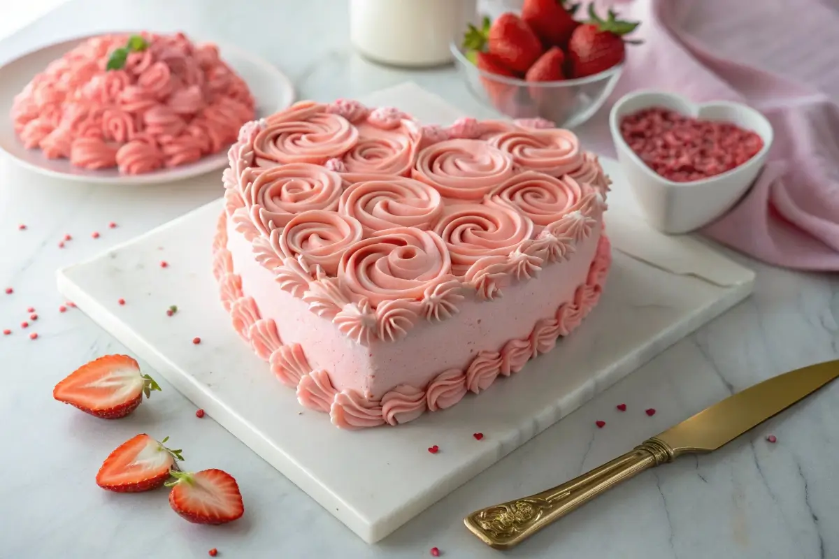 Romantic heart-shaped cake with pink frosting and edible roses on a marble platter