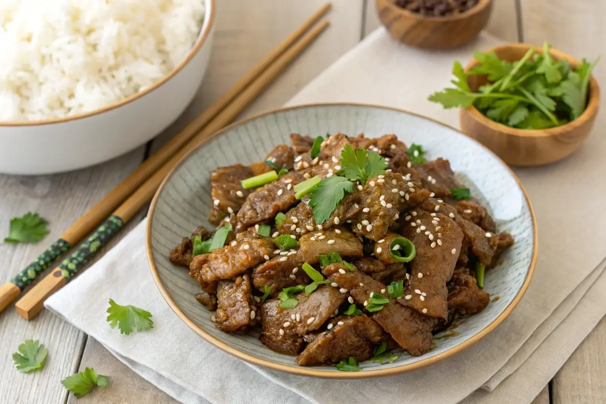 Glossy beef strips in garlic sauce served with jasmine rice and chopsticks on a wooden table.