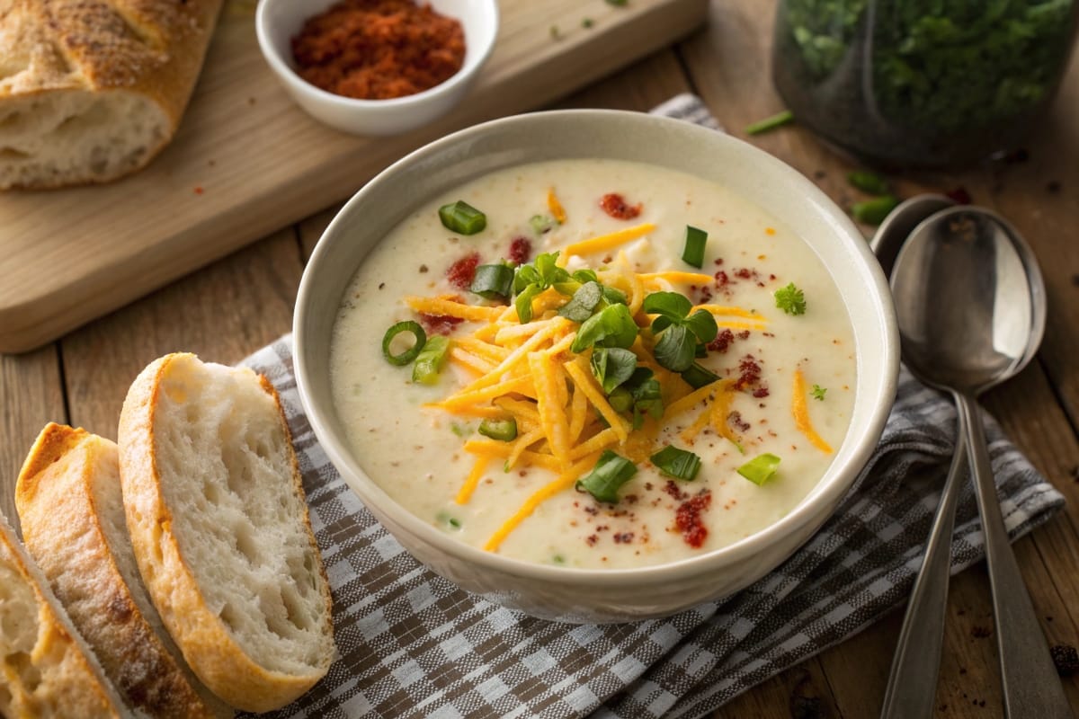 A bowl of creamy potato soup topped with cheddar cheese, green onions, and smoked paprika, served with crusty bread