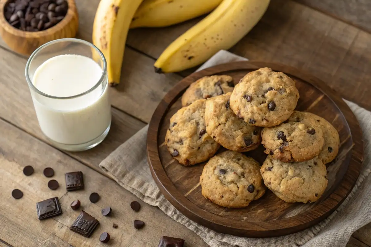 Freshly baked banana bread cookies on a rustic plate with ripe bananas and milk