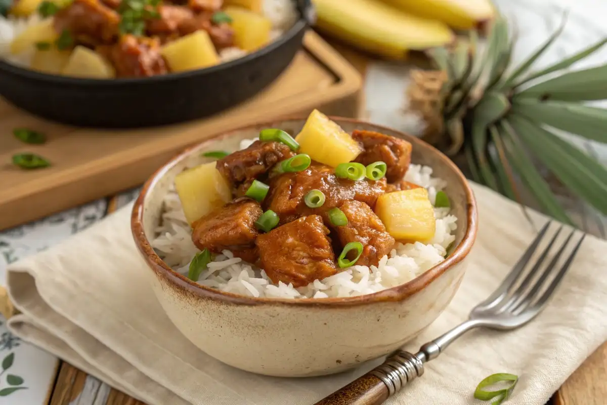 Sweet Hawaiian Crockpot Chicken served in a rustic bowl with pineapple chunks and green onions over jasmine rice
