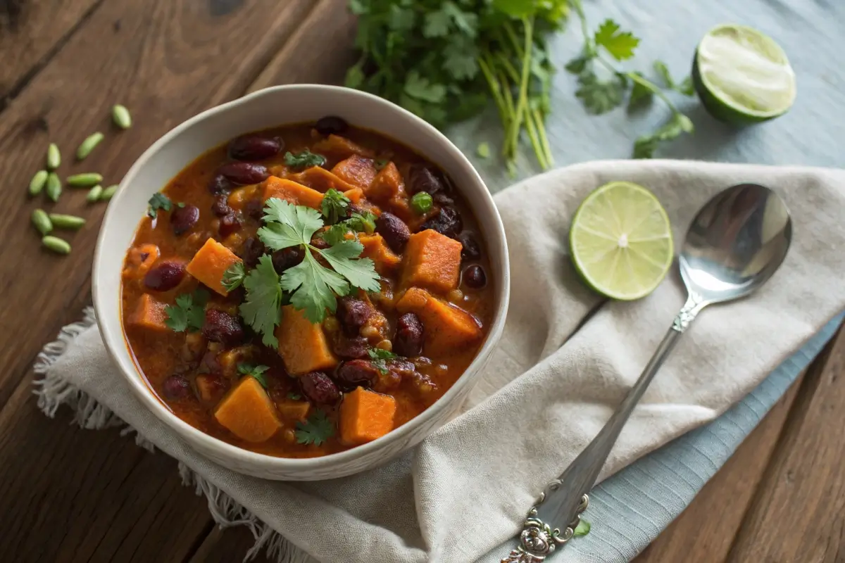 A hearty bowl of butternut squash and kidney bean chili with cilantro and lime, served on a rustic table