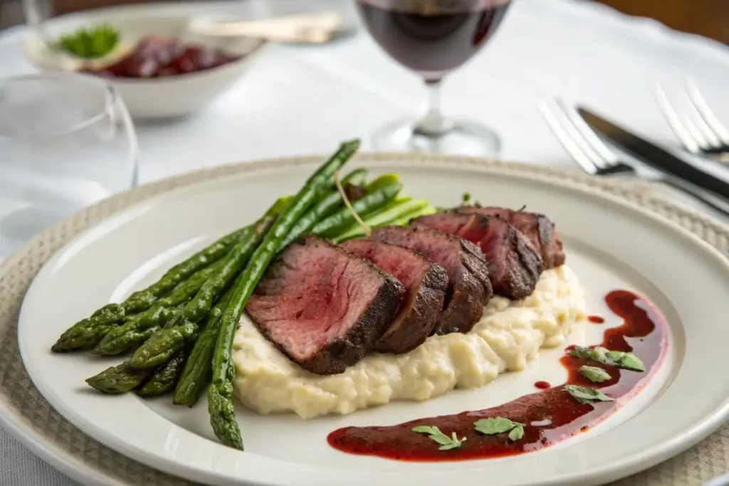 A gourmet hanger steak dish served with mashed potatoes, asparagus, and red wine reduction sauce, plated beautifully