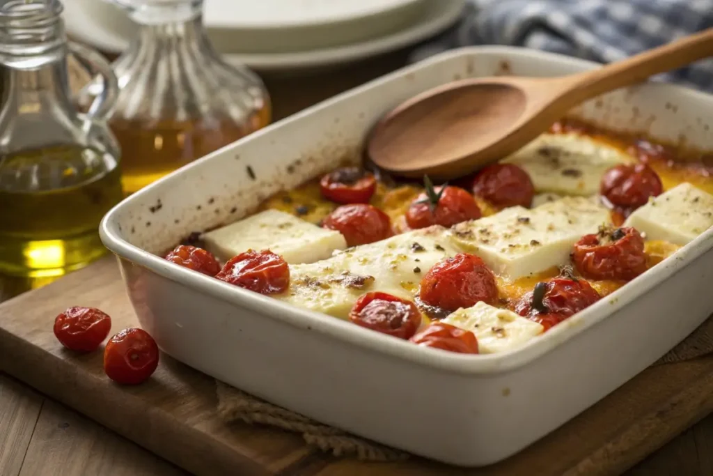Baked feta and cherry tomatoes fresh out of the oven, golden and caramelized.