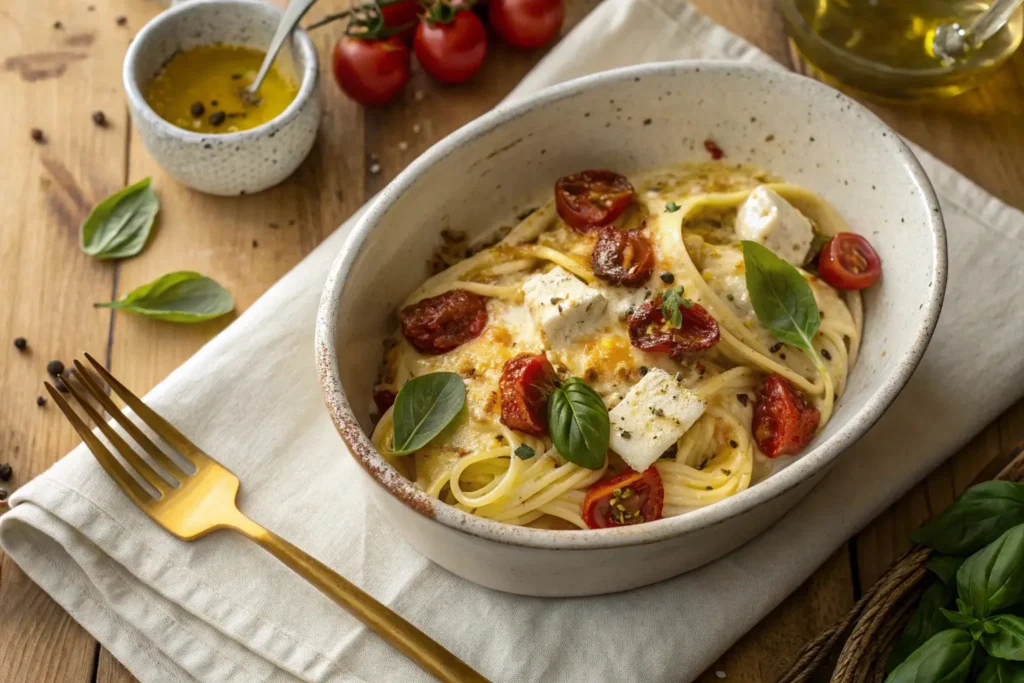 A bowl of baked feta pasta garnished with fresh basil and olive oil