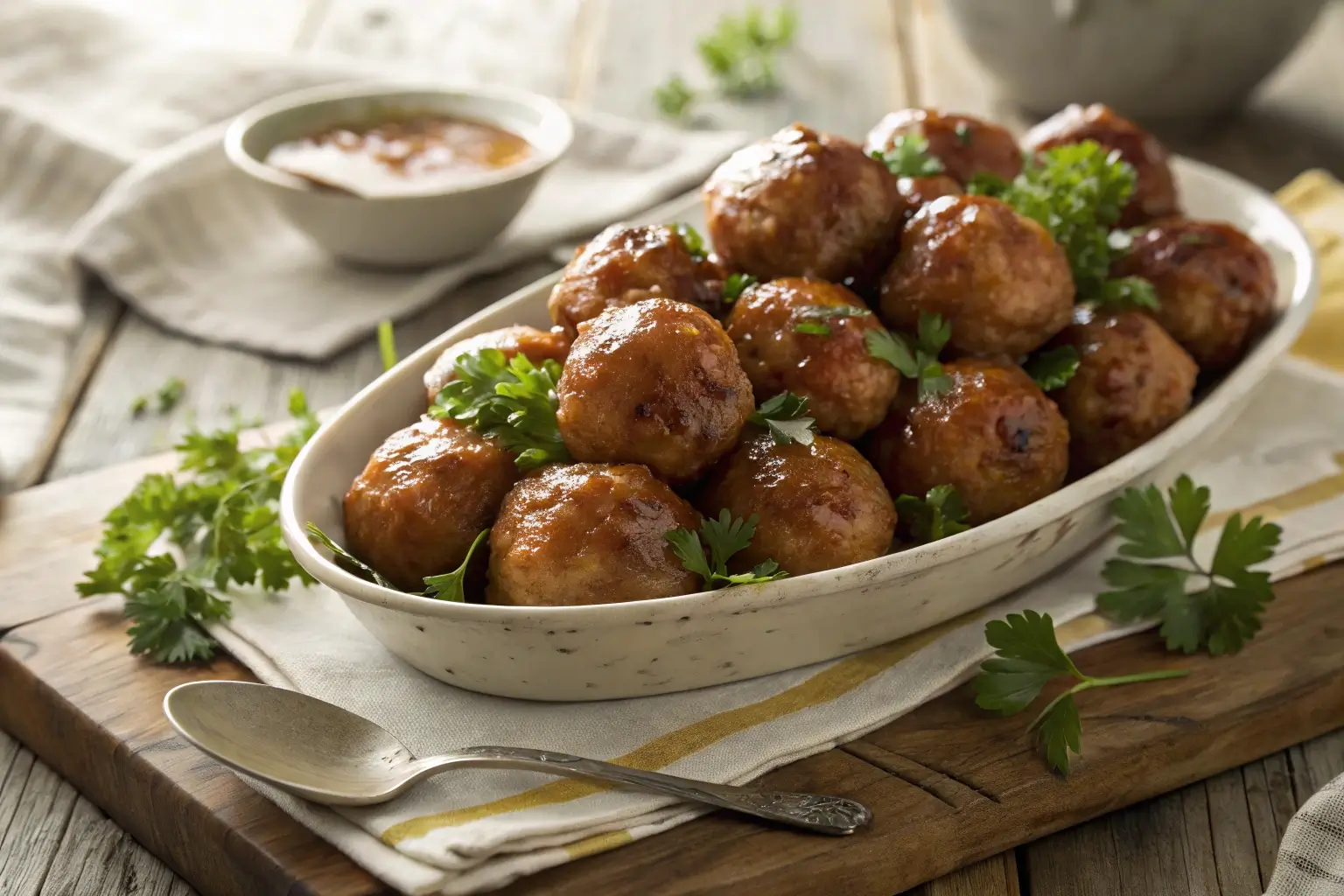 A close-up of golden ham balls glazed with a shiny, sweet glaze, garnished with parsley, placed on a rustic wooden table.