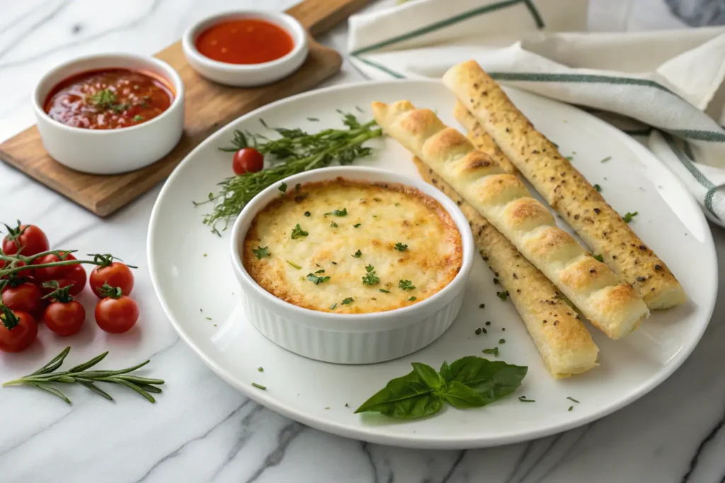 Freshly baked cheese & breadsticks on a plate with dipping sauces and herbs