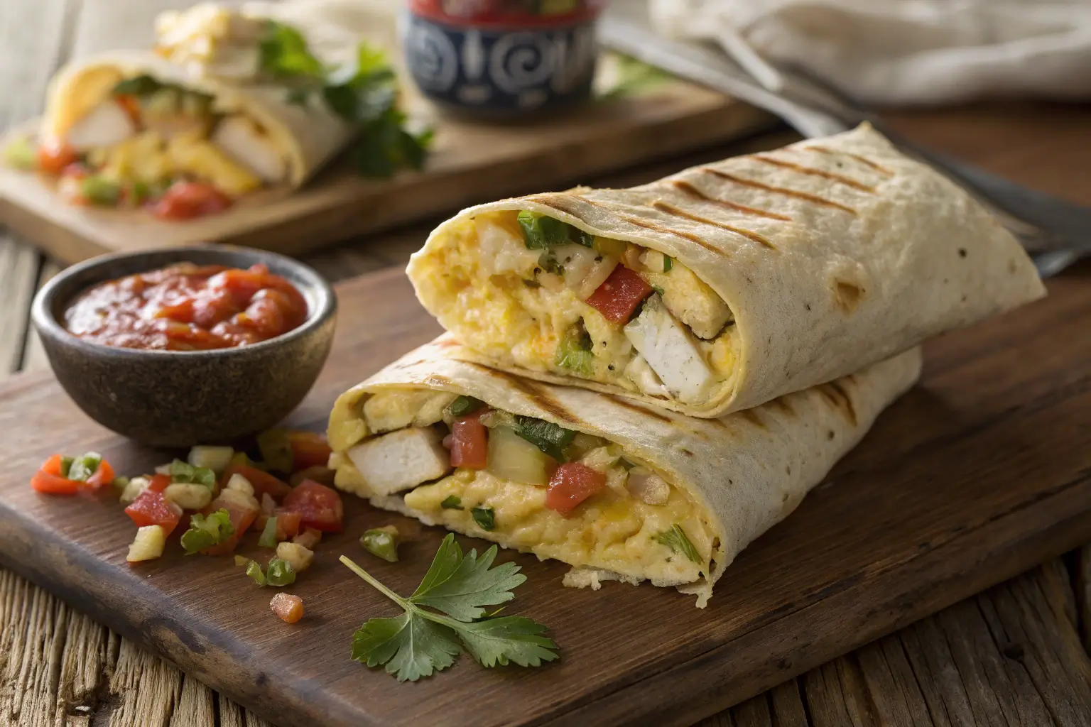 A golden burrito cut in half, showing tender chicken, scrambled eggs, cheese, and vegetables, served with salsa.