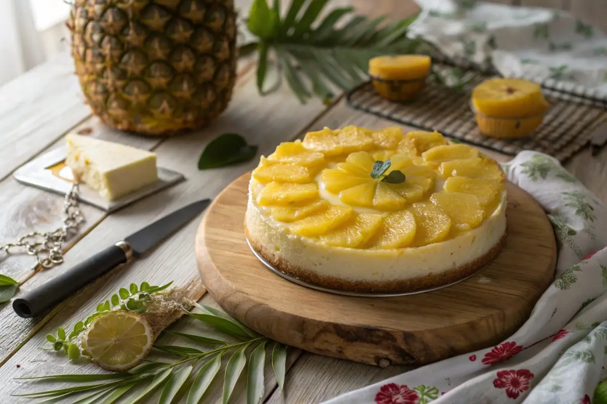 Whole pineapple cheesecake with fresh pineapple slices and glaze on a wooden table.