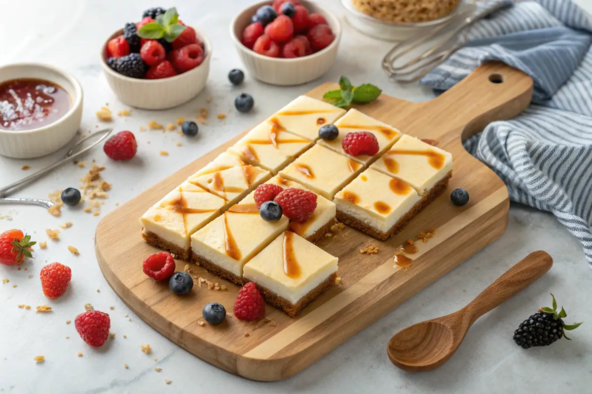 A platter of creamy Philadelphia cheesecake bars with caramel drizzle and fresh berries