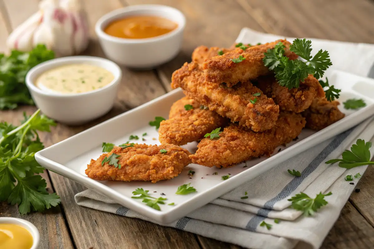 Golden spicy chicken tenders served with dipping sauces on a white plate.