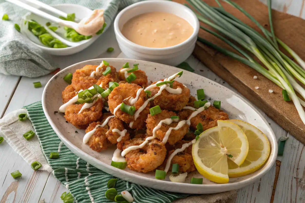 Close-up of crispy boom boom shrimp drizzled with creamy sauce, garnished with green onions and lemon slices