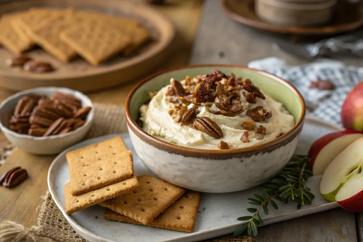 Pecan pie dip in a rustic bowl surrounded by graham crackers and apple slices on a festive table