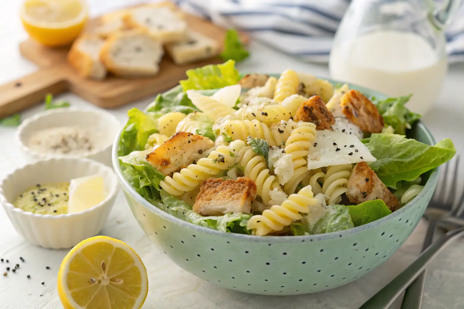 Bowl of pasta Caesar salad with rotini pasta, romaine lettuce, Parmesan cheese, croutons, and creamy Caesar dressing