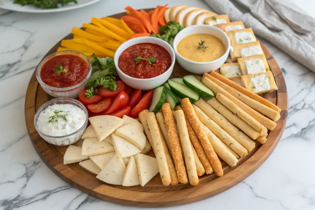 Festive cheese & breadsticks platter with assorted dipping sauces