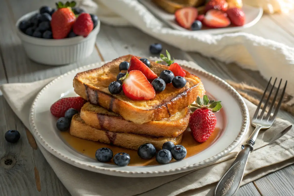 A plate of McCormick French Toast garnished with fresh berries and maple syrup, set on a rustic breakfast table