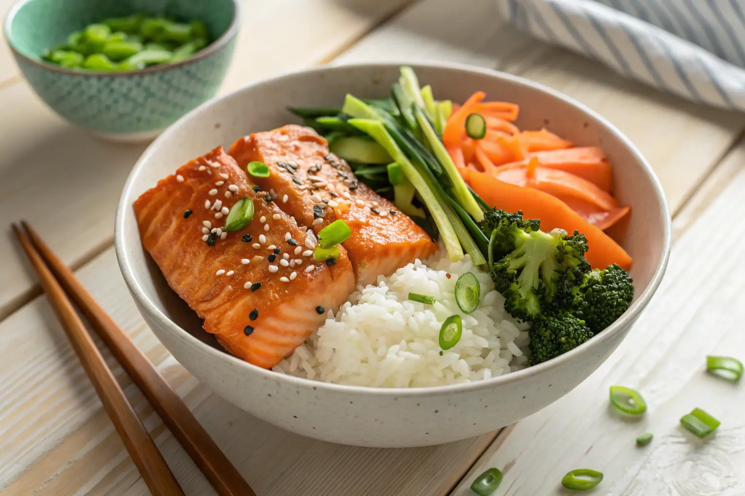 Close-up of a salmon teriyaki bowl with glazed salmon, fresh vegetables, and rice