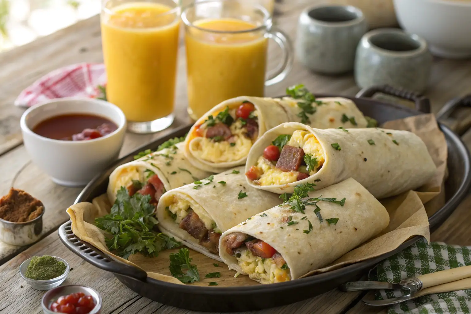 Breakfast burritos on a wooden platter for catering.