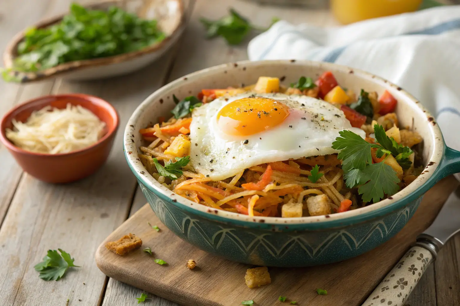 Breakfast bowl with potatoes, chicken, vegetables, and a fried egg.