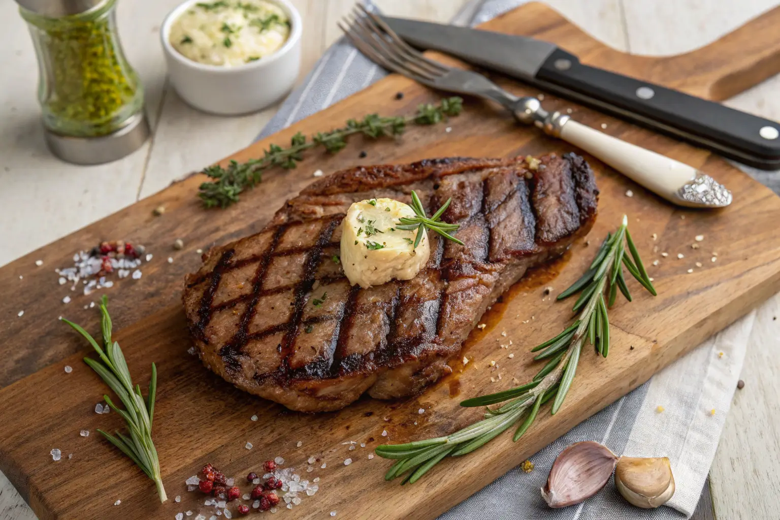 Juicy grilled club steak with garlic butter and rosemary on a wooden board.