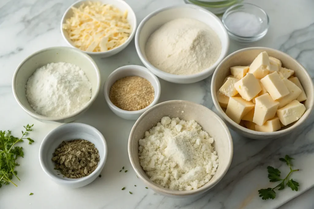 Assorted cheese & breadstick ingredients in bowls on a marble countertop