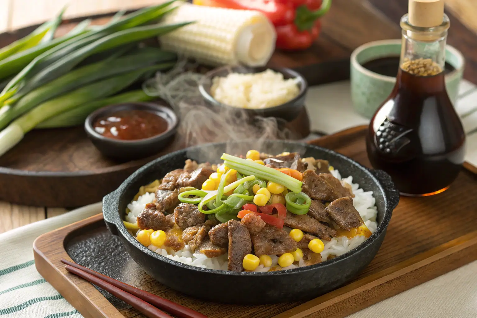 Sizzling hot plate meal with beef, rice, and vegetables, garnished with butter.