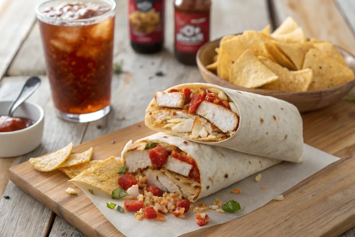 Close-up view of Taco Bell Chicken Burrito with seasoned chicken, rice, cheese, and red sauce on a rustic table.