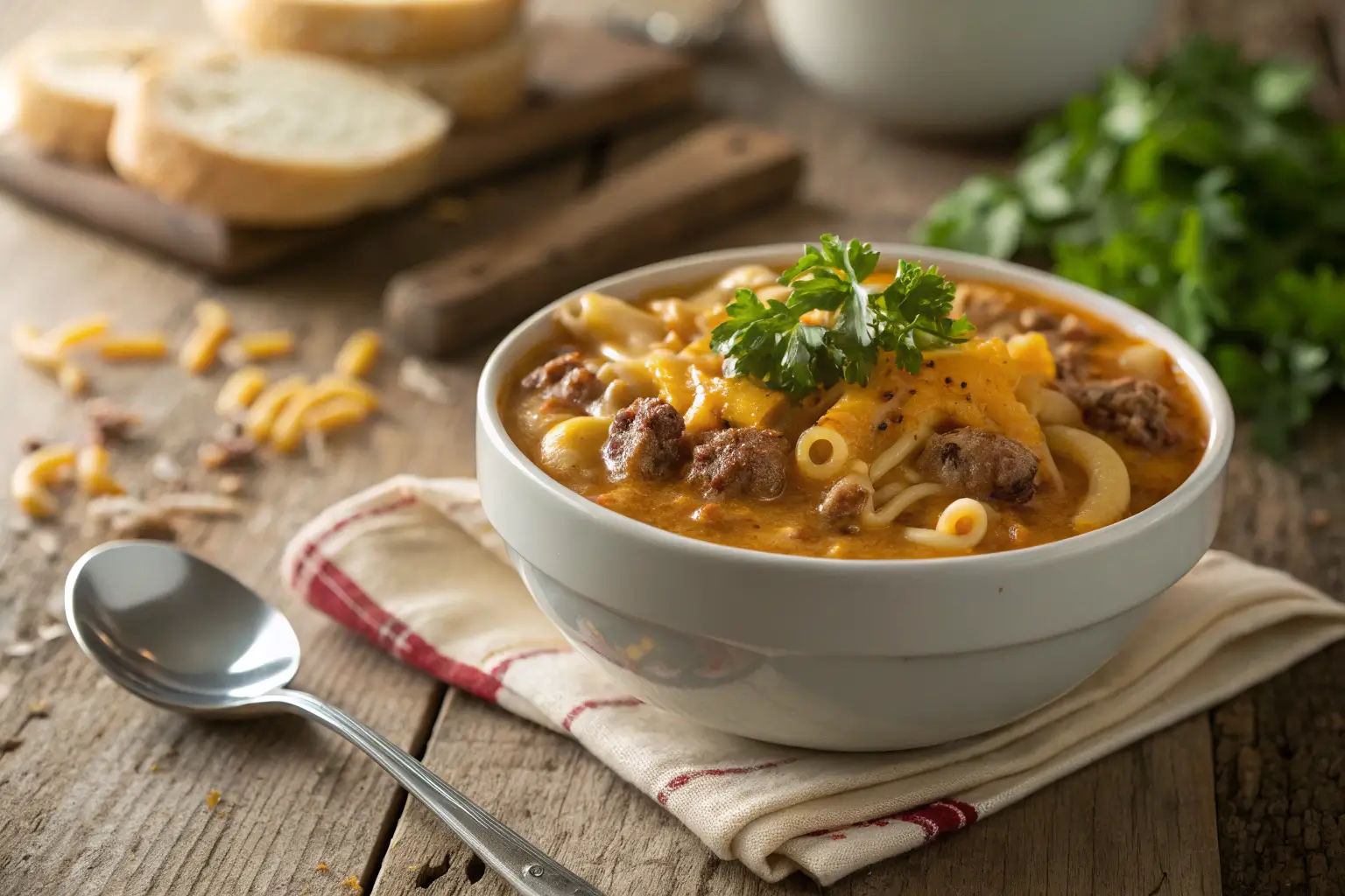 Close-up view of a bowl of cheeseburger macaroni soup garnished with cheese and parsley.