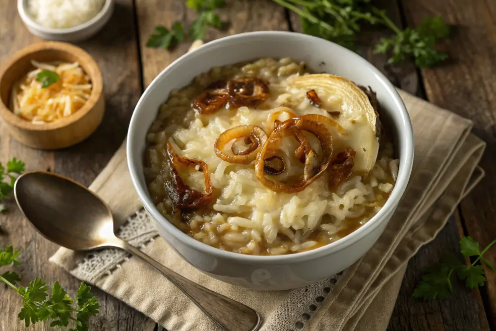 Featured image of French onion soup rice garnished with cheese and onions