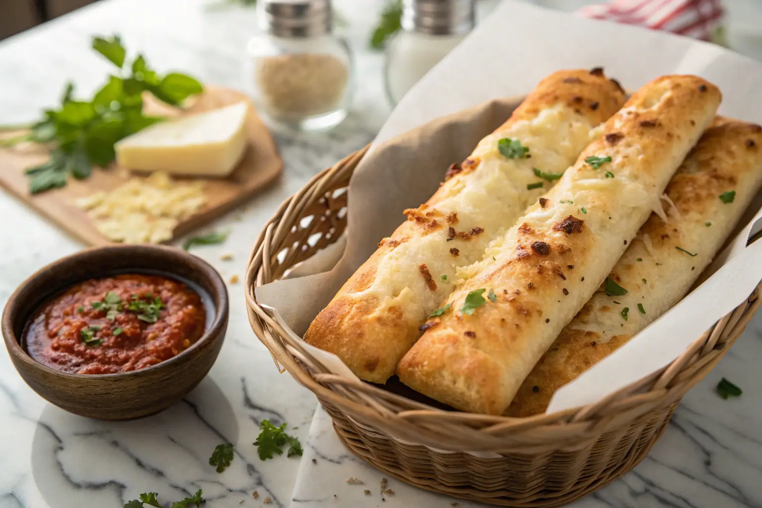 Golden-brown cheese and breadsticks with marinara sauce on a bright kitchen table