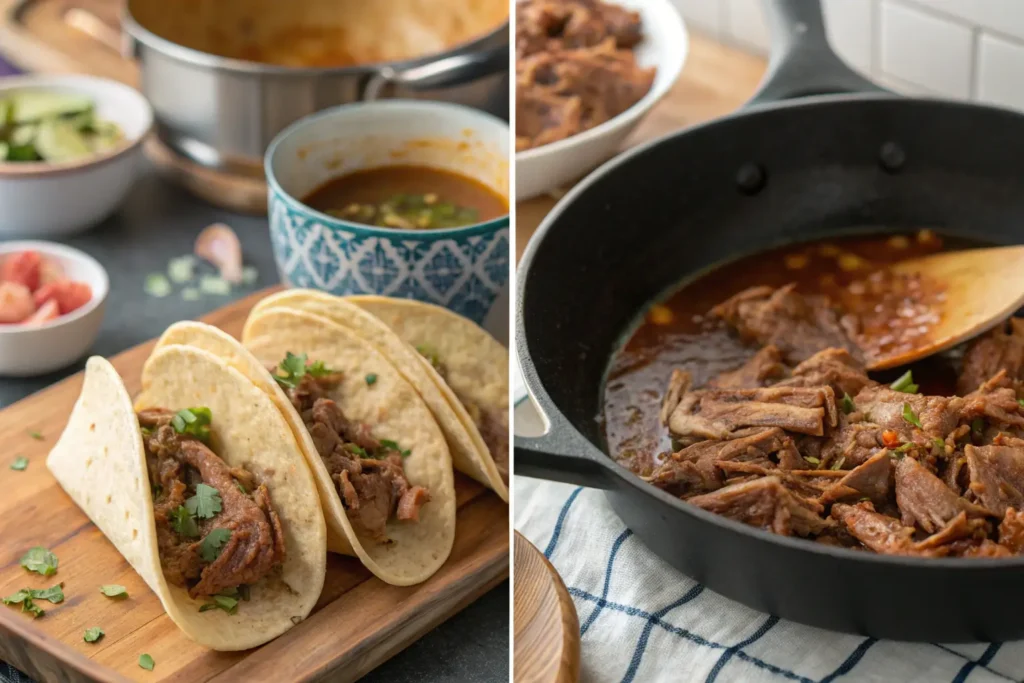 Collage of making birria tacos: marinating meat, cooking in a pot, and frying tacos