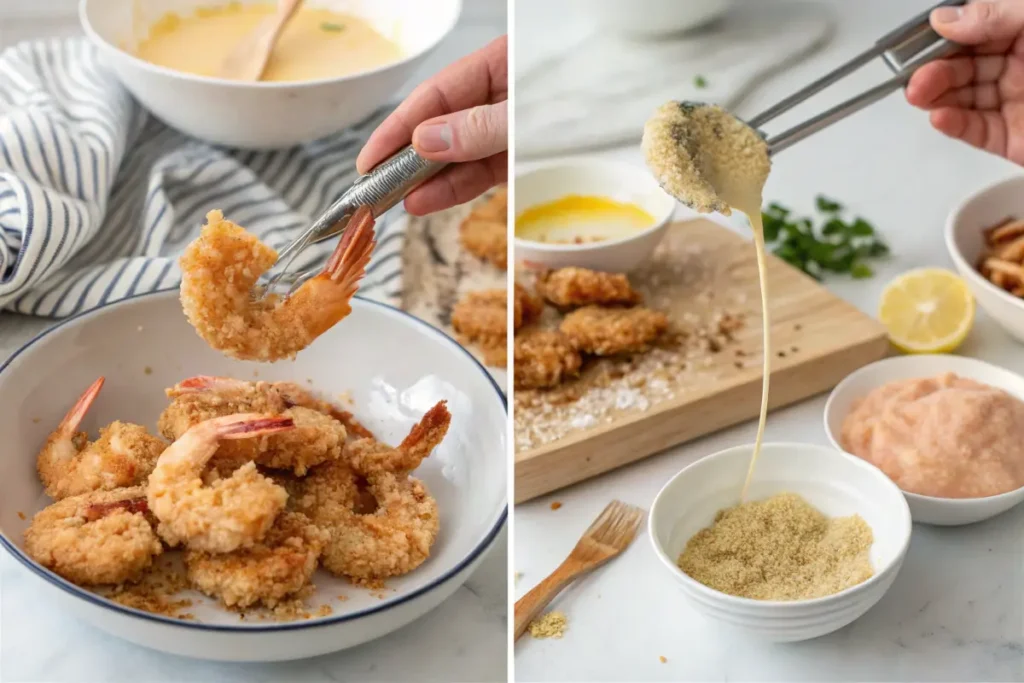 Collage showing coating shrimp, frying shrimp to golden crisp, and tossing them in boom boom sauce