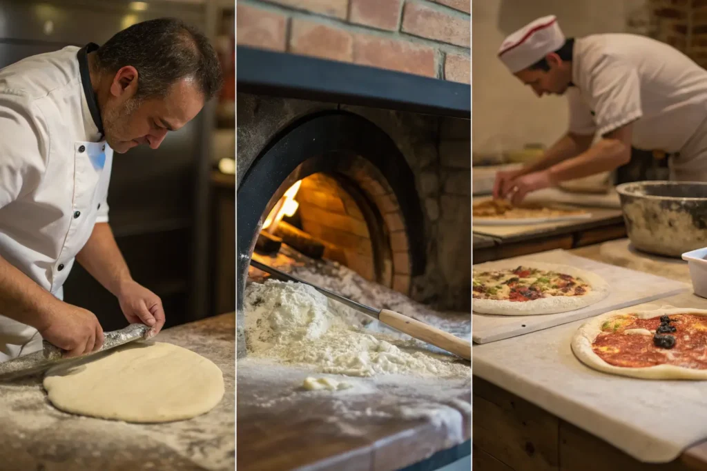 Three types of Italian pizza styles: soft Neapolitan, crispy Roman, and thick Sicilian.