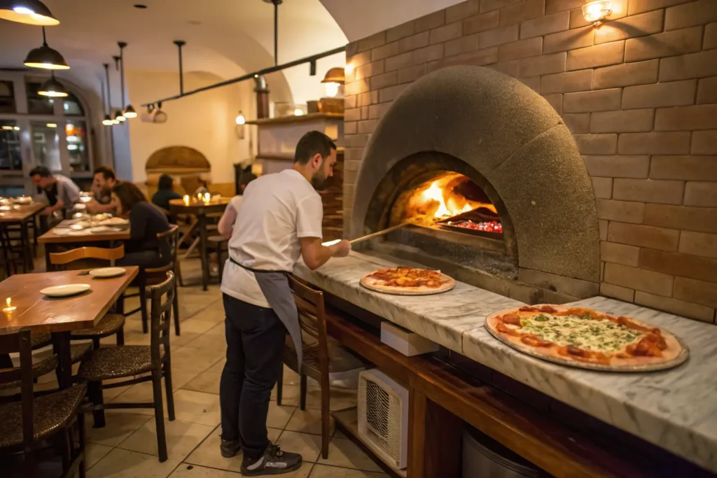 A cozy pizzeria with a chef baking pizza in a wood-fired oven.