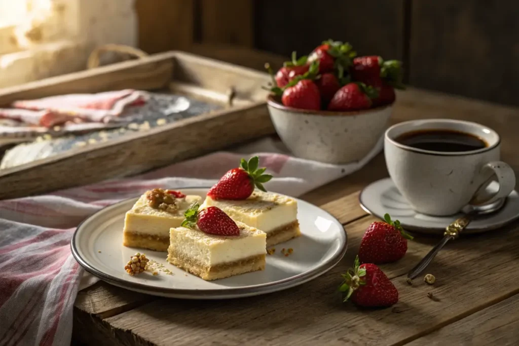 A serving plate with Philadelphia cheesecake bars, coffee, and fresh strawberries on a wooden table