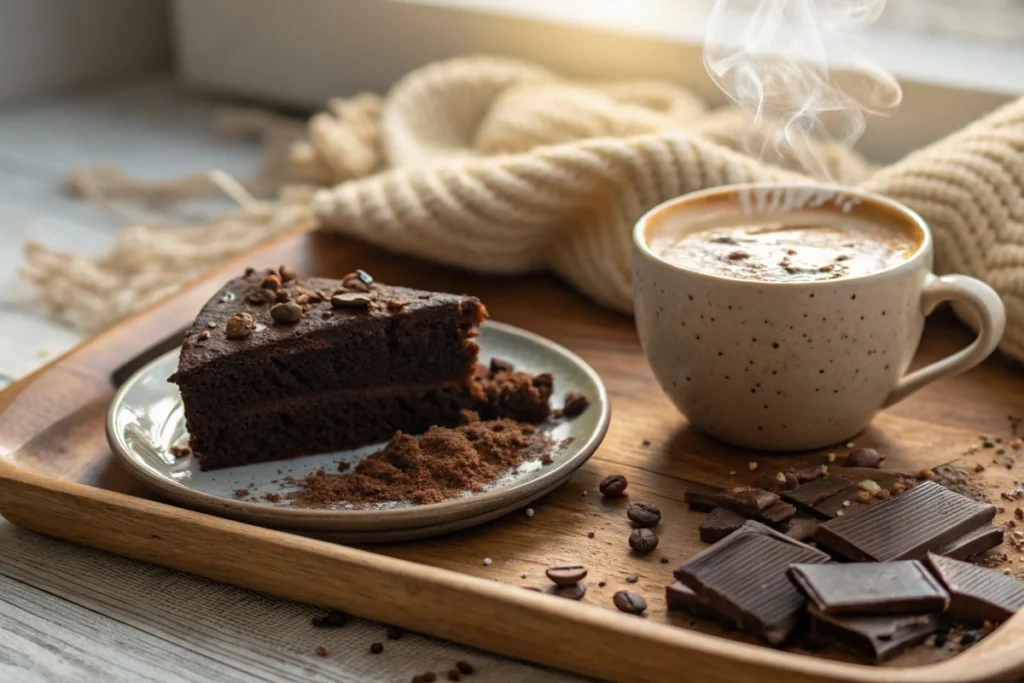 Chocolate cake slice with a cappuccino, perfect pairing for National Chocolate Cake Day