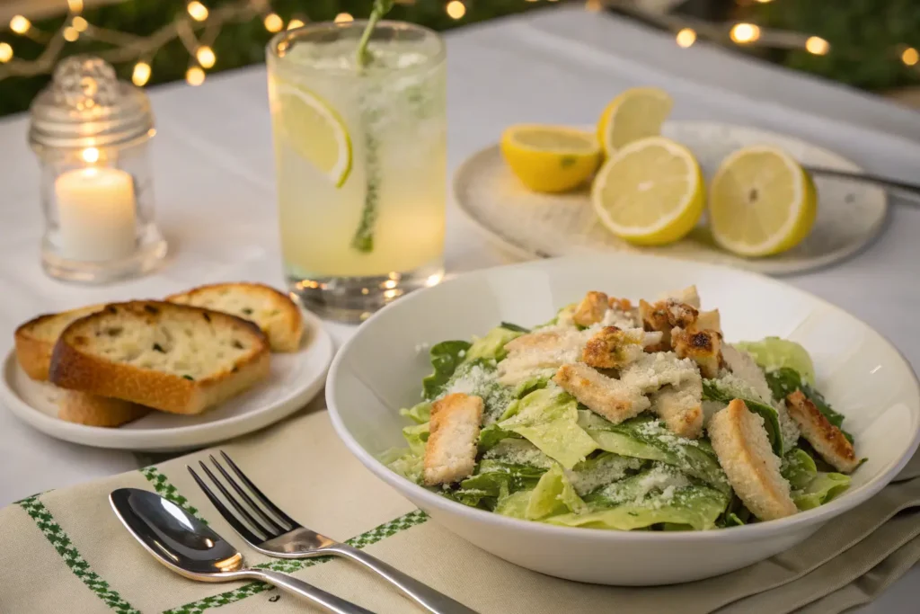 Salad Served with Bread and Refreshing Lemonade