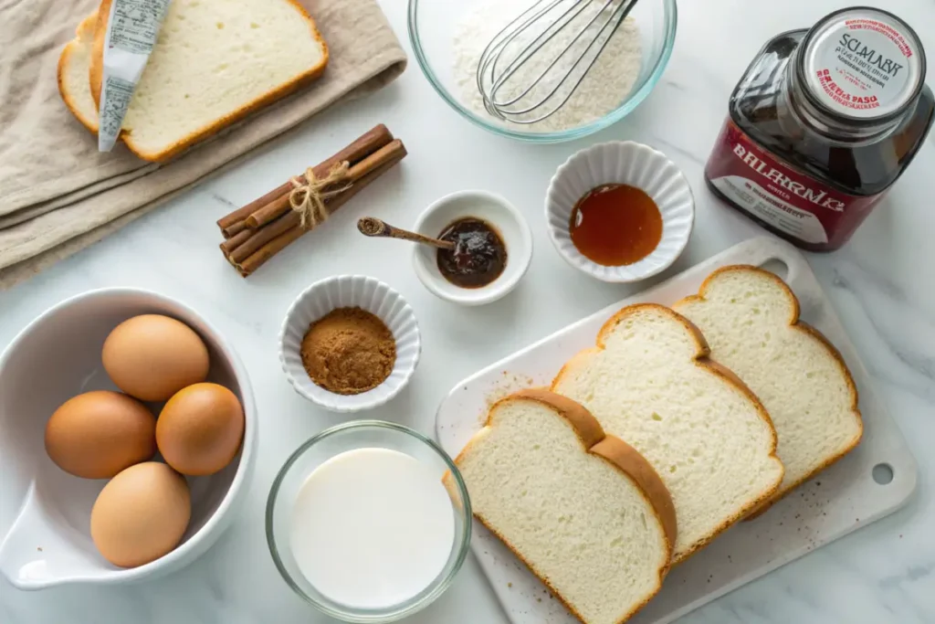 Ingredients for McCormick French Toast, including bread, eggs, milk, cinnamon, and vanilla extract, arranged neatly on a countertop