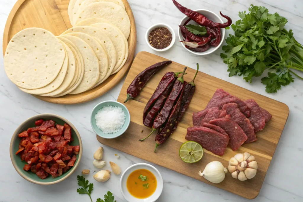 Ingredients for birria tacos, including dried chilies, beef, garlic, onions, and spices