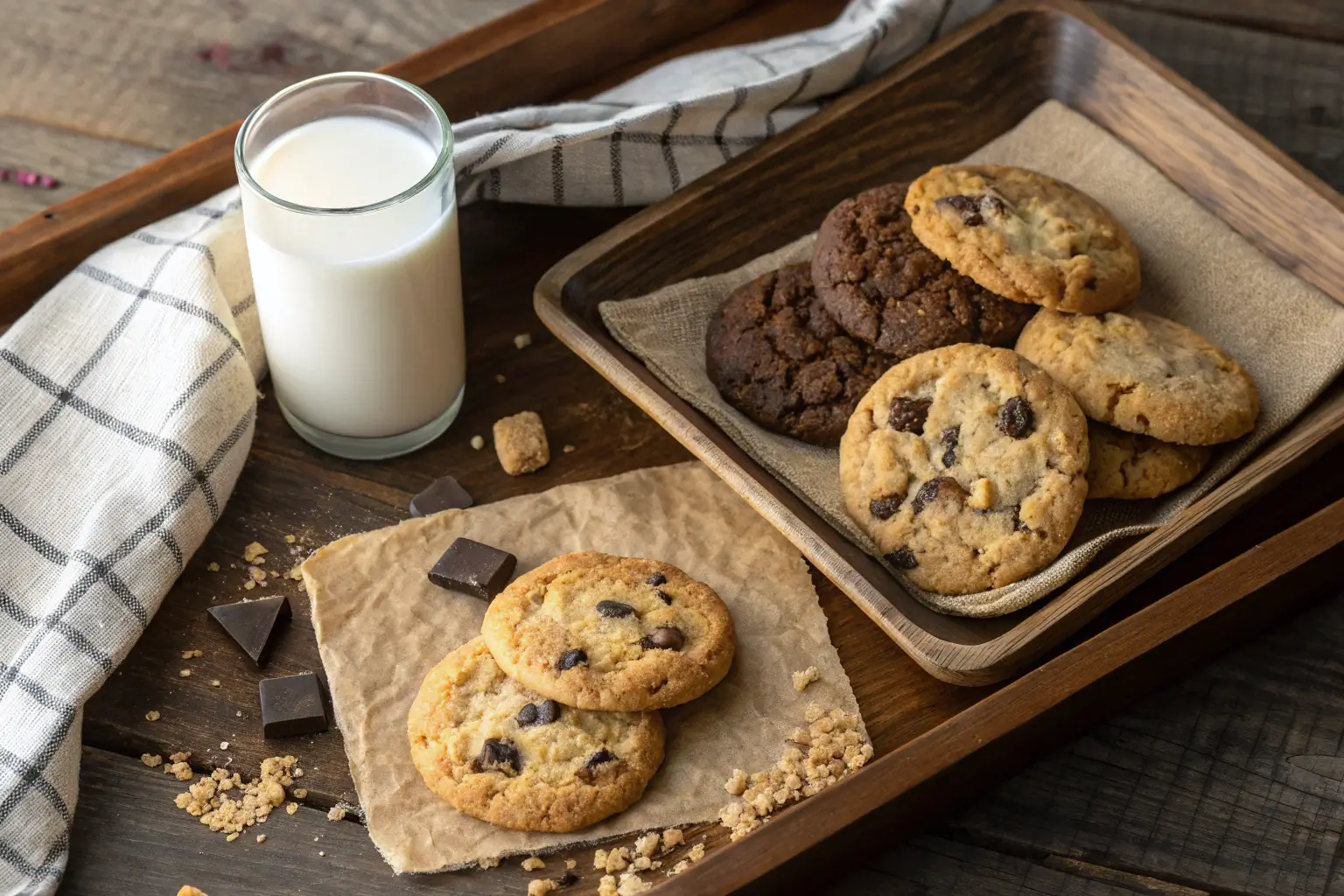 A tray of freshly baked cookies with milk and a cozy background.