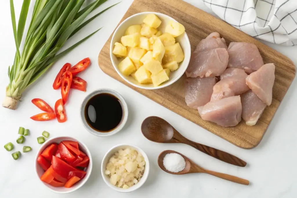 Fresh ingredients for Sweet Hawaiian Crockpot Chicken, including chicken, pineapple, soy sauce, bell peppers, garlic, and brown sugar