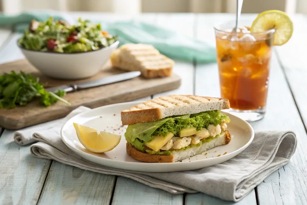Chicken Avocado Melt Sandwich served with iced tea and a side of fresh salad